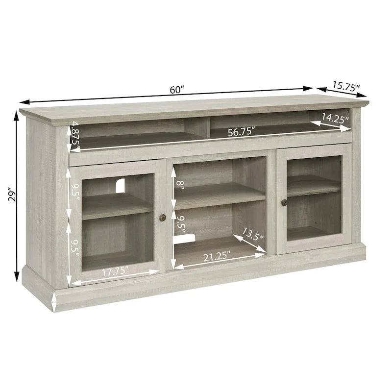 Stone Gray 60 TV Stand with Cable Management, Glass Doors, and Adjustable Shelves for TVs Up to 65