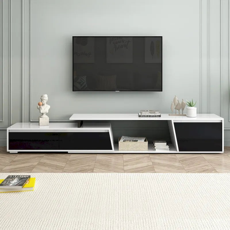 Meuble TV extensible blanc avec tiroirs et armoire pour téléviseurs jusqu'à 100 pouces