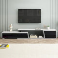 Meuble TV extensible blanc avec tiroirs et armoire pour téléviseurs jusqu'à 100 pouces