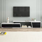 Meuble TV extensible blanc avec tiroirs et armoire pour téléviseurs jusqu'à 100 pouces