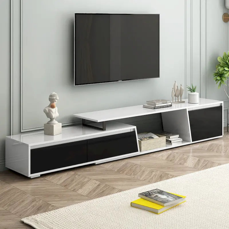 Meuble TV extensible blanc avec tiroirs et armoire pour téléviseurs jusqu'à 100 pouces