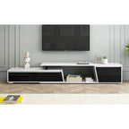 Meuble TV extensible blanc avec tiroirs et armoire pour téléviseurs jusqu'à 100 pouces