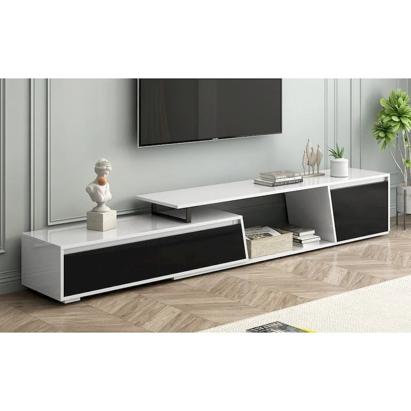 Meuble TV extensible blanc avec tiroirs et armoire pour téléviseurs jusqu'à 100 pouces
