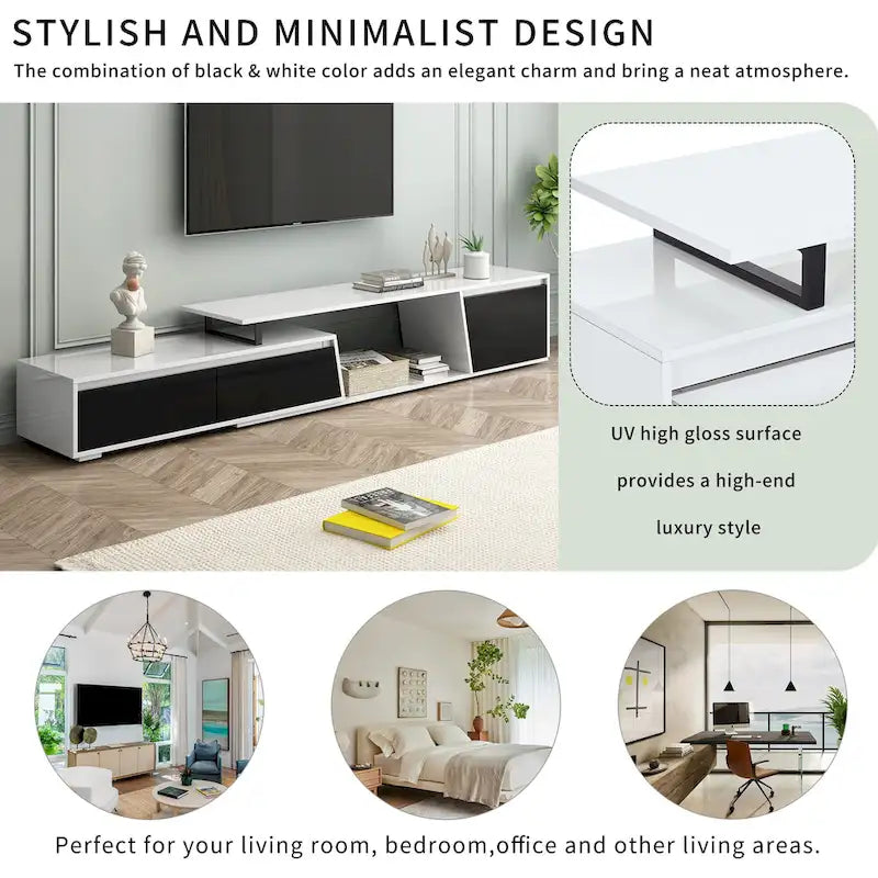 Meuble TV extensible blanc avec tiroirs et armoire pour téléviseurs jusqu'à 100 pouces