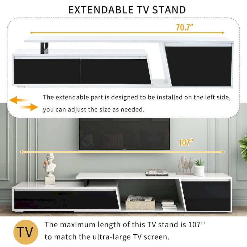 Meuble TV extensible blanc avec tiroirs et armoire pour téléviseurs jusqu'à 100 pouces