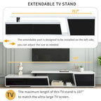 Meuble TV extensible blanc avec tiroirs et armoire pour téléviseurs jusqu'à 100 pouces