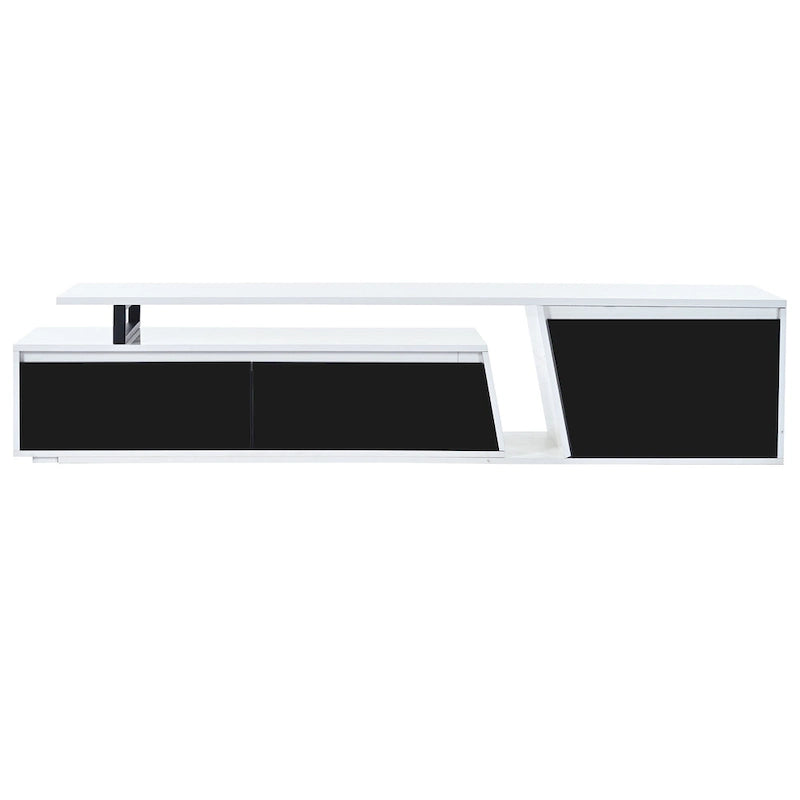 Meuble TV extensible blanc avec tiroirs et armoire pour téléviseurs jusqu'à 100 pouces