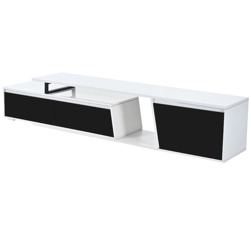 Meuble TV extensible blanc avec tiroirs et armoire pour téléviseurs jusqu'à 100 pouces