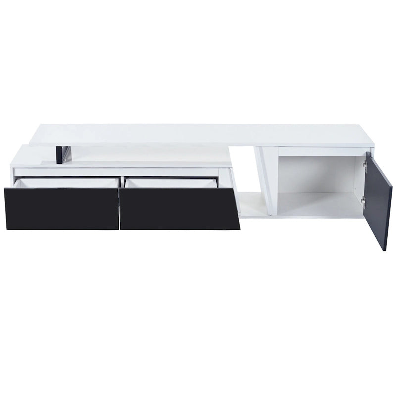 Meuble TV extensible blanc avec tiroirs et armoire pour téléviseurs jusqu'à 100 pouces