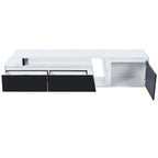 Meuble TV extensible blanc avec tiroirs et armoire pour téléviseurs jusqu'à 100 pouces