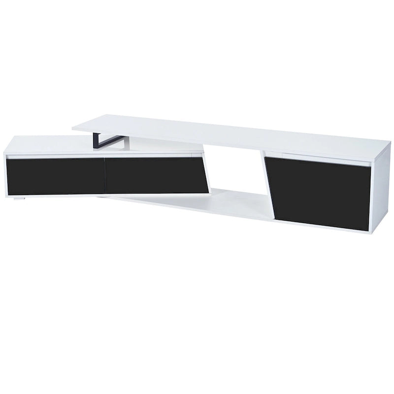 Meuble TV extensible blanc avec tiroirs et armoire pour téléviseurs jusqu'à 100 pouces