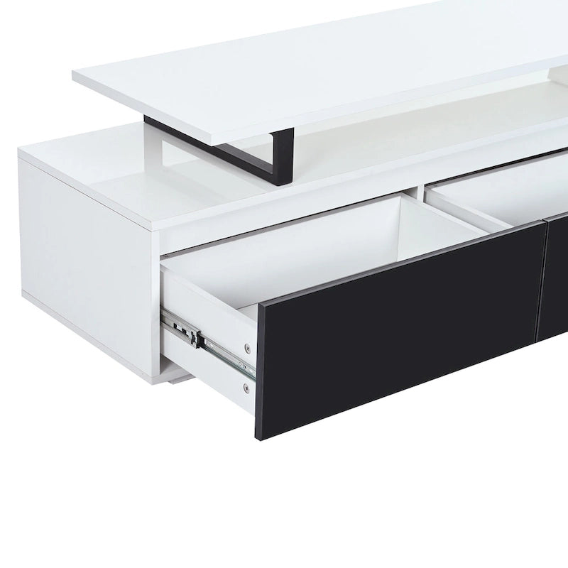Meuble TV extensible blanc avec tiroirs et armoire pour téléviseurs jusqu'à 100 pouces