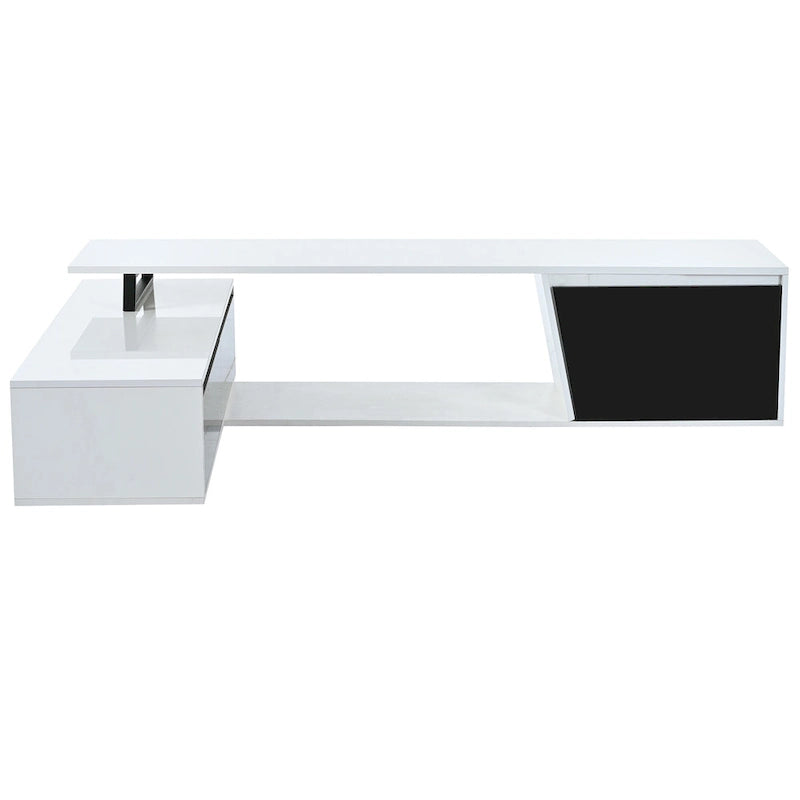 Meuble TV extensible blanc avec tiroirs et armoire pour téléviseurs jusqu'à 100 pouces