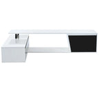 Meuble TV extensible blanc avec tiroirs et armoire pour téléviseurs jusqu'à 100 pouces
