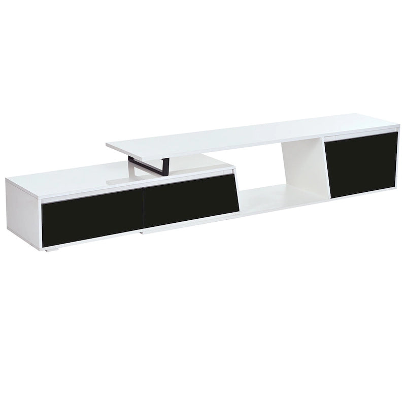 Meuble TV extensible blanc avec tiroirs et armoire pour téléviseurs jusqu'à 100 pouces
