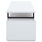 Meuble TV extensible blanc avec tiroirs et armoire pour téléviseurs jusqu'à 100 pouces