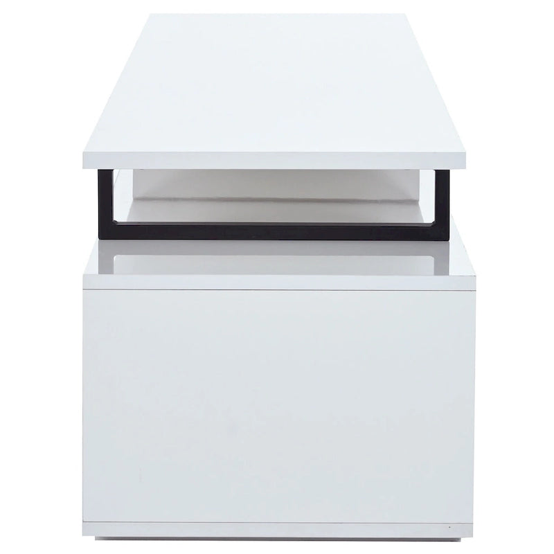 Meuble TV extensible blanc avec tiroirs et armoire pour téléviseurs jusqu'à 100 pouces