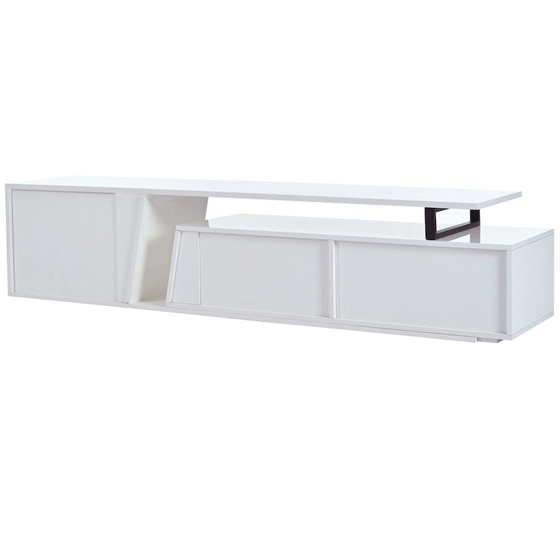 Meuble TV extensible blanc avec tiroirs et armoire pour téléviseurs jusqu'à 100 pouces