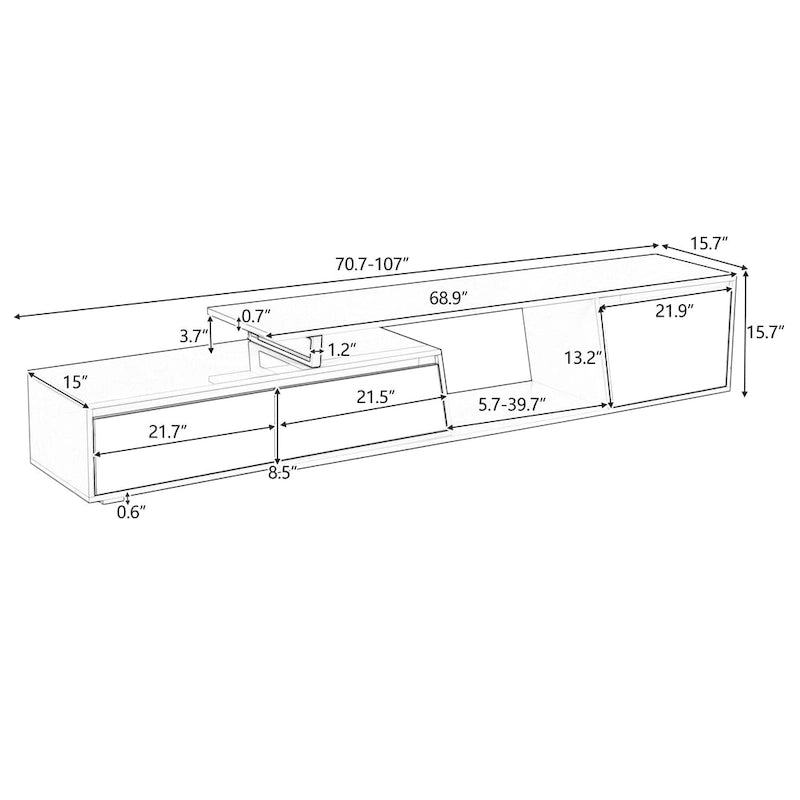 Meuble TV extensible blanc avec tiroirs et armoire pour téléviseurs jusqu'à 100 pouces