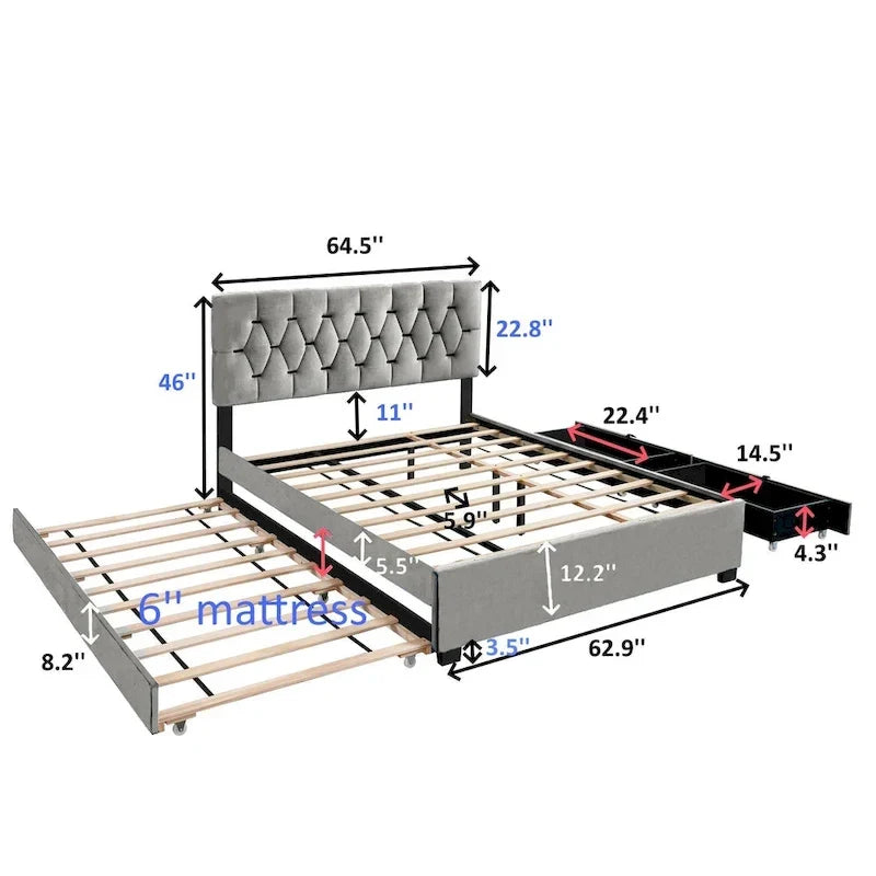 Queen Size Platform Bed with Gold Tufted Headboard, Trundle & Storage (600lb Capacity)