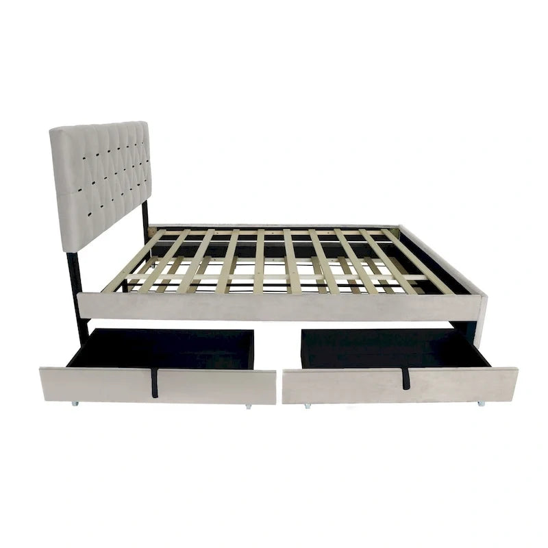 Queen Size Platform Bed with Gold Tufted Headboard, Trundle & Storage (600lb Capacity)
