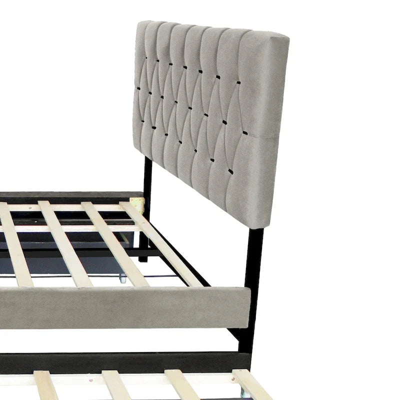 Queen Size Platform Bed with Gold Tufted Headboard, Trundle & Storage (600lb Capacity)