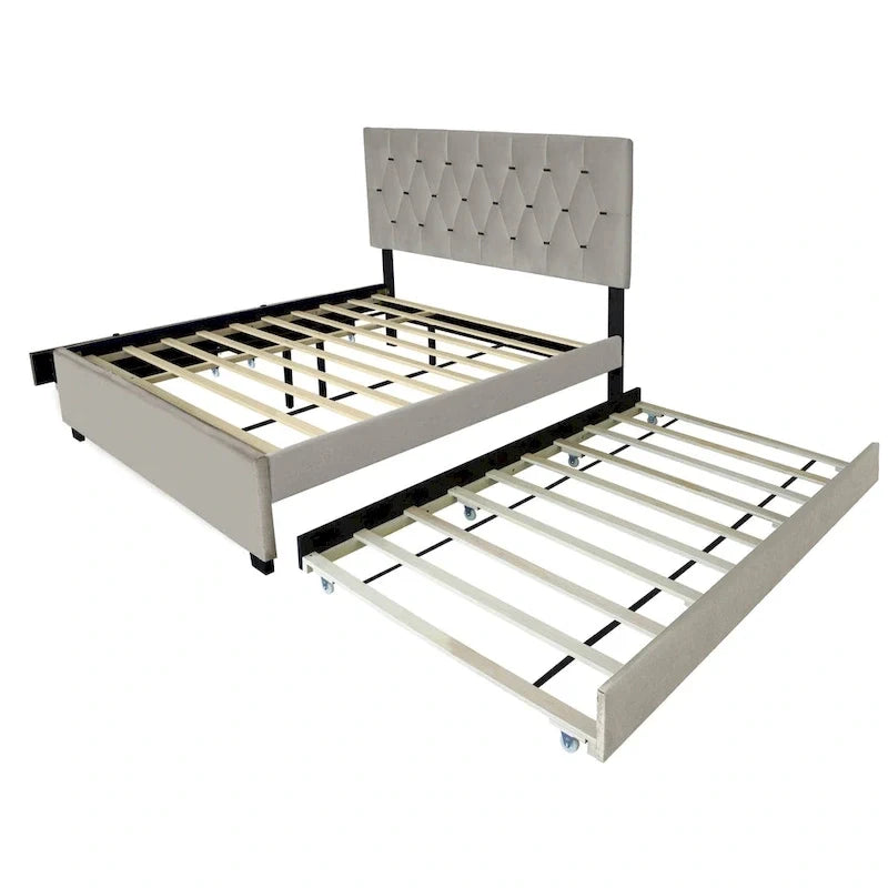 Queen Size Platform Bed with Gold Tufted Headboard, Trundle & Storage (600lb Capacity)