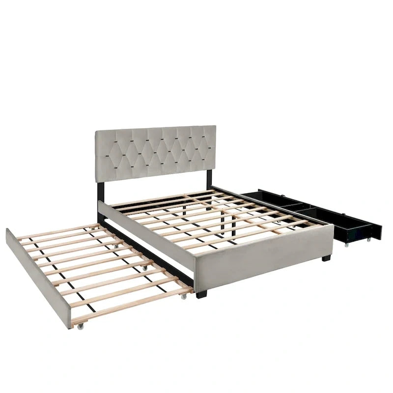 Queen Size Platform Bed with Gold Tufted Headboard, Trundle & Storage (600lb Capacity)