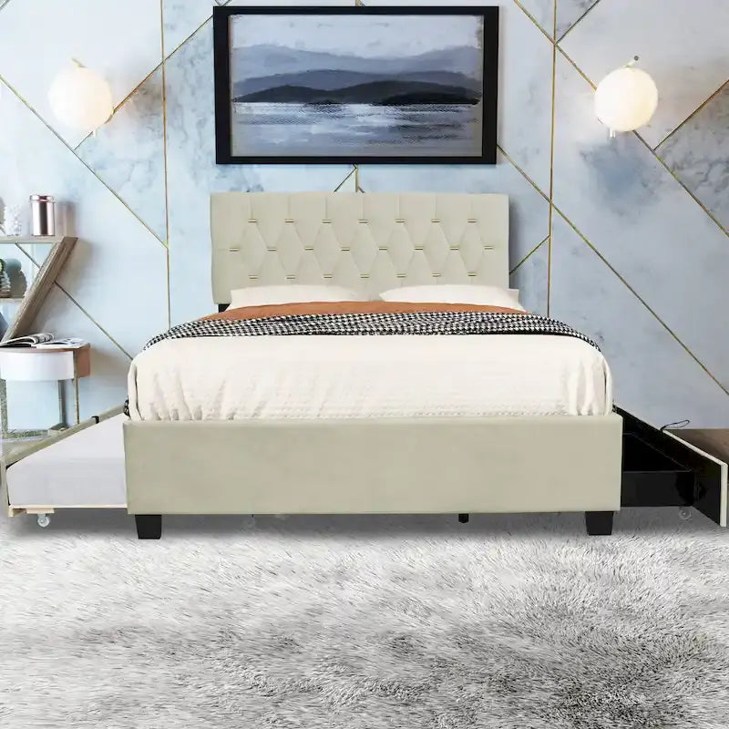 Queen Size Platform Bed with Gold Tufted Headboard, Trundle & Storage (600lb Capacity)
