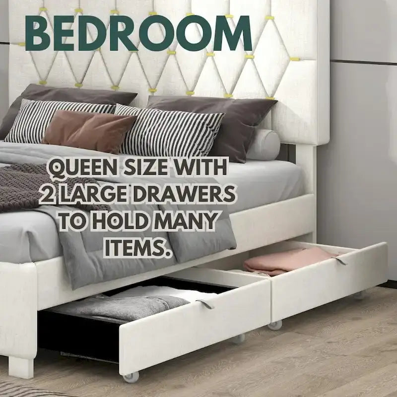 Queen Size Platform Bed with Gold Tufted Headboard, Trundle & Storage (600lb Capacity)