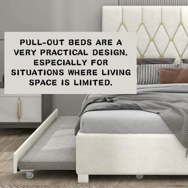Queen Size Platform Bed with Gold Tufted Headboard, Trundle & Storage (600lb Capacity)