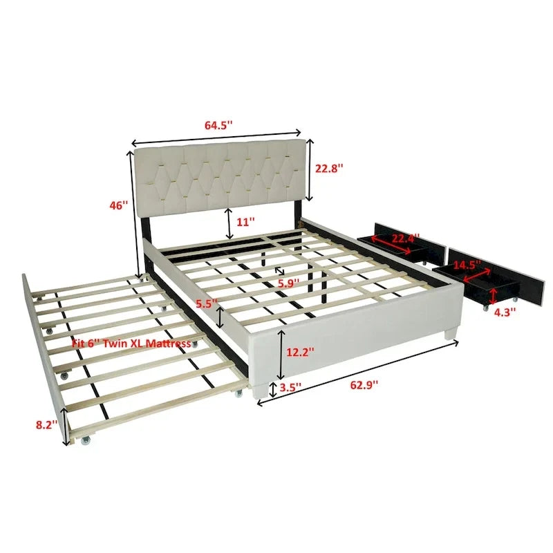 Queen Size Platform Bed with Gold Tufted Headboard, Trundle & Storage (600lb Capacity)