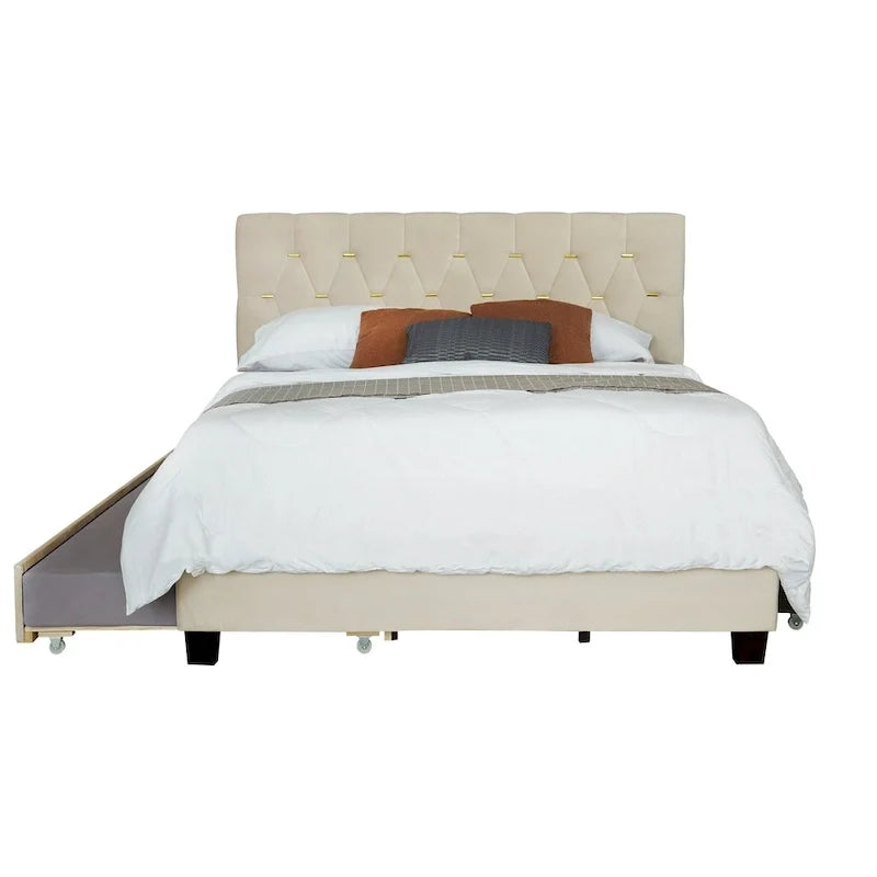 Queen Size Platform Bed with Gold Tufted Headboard, Trundle & Storage (600lb Capacity)