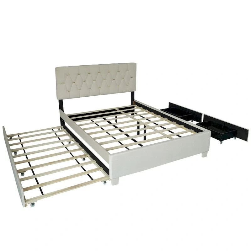 Queen Size Platform Bed with Gold Tufted Headboard, Trundle & Storage (600lb Capacity)