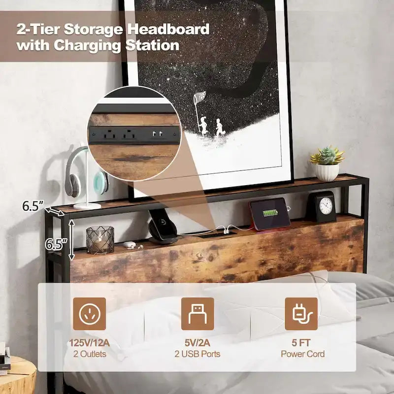 Cadre de lit plateforme industriel avec tiroirs de rangement et station de charge