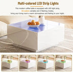 Table basse carrée laquée avec bandeau LED 16 couleurs, table de salon moderne avec plateau en verre trempé dépoli de 5 mm