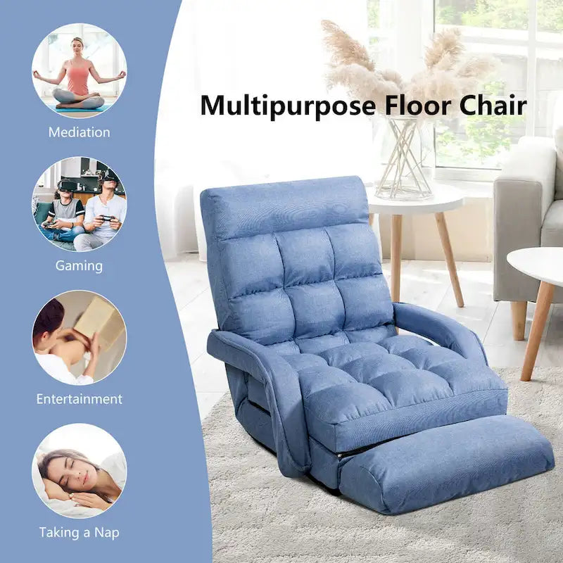Blue Folding Lazy Sofa Floor Chair Sofa Lounger Bed with