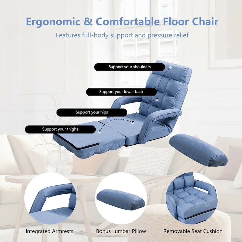 Blue Folding Lazy Sofa Floor Chair Sofa Lounger Bed with