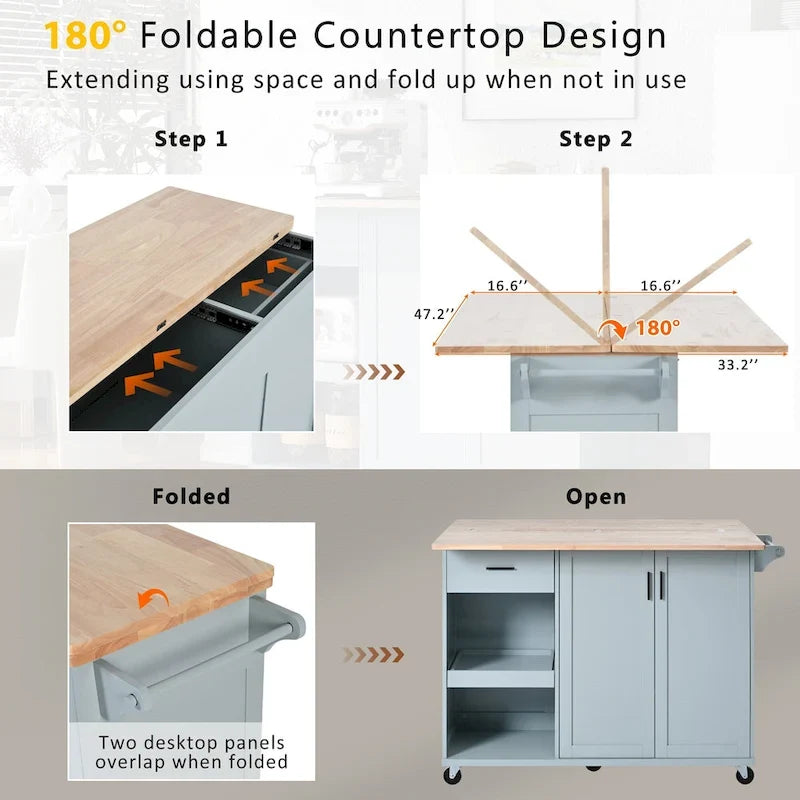 Kitchen Island with Foldable Counter Top, Kitchen Storage Cart with Slide-Out Shelf, Towel Rack and Drawer, Rolling Wheels