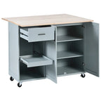 Kitchen Island with Foldable Counter Top, Kitchen Storage Cart with Slide-Out Shelf, Towel Rack and Drawer, Rolling Wheels