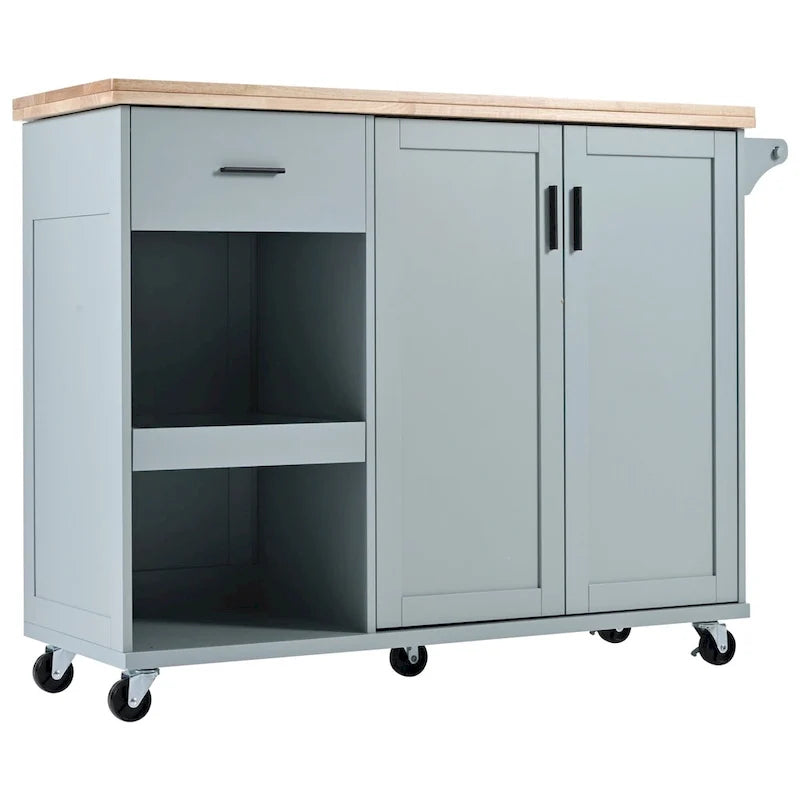 Kitchen Island with Foldable Counter Top, Kitchen Storage Cart with Slide-Out Shelf, Towel Rack and Drawer, Rolling Wheels