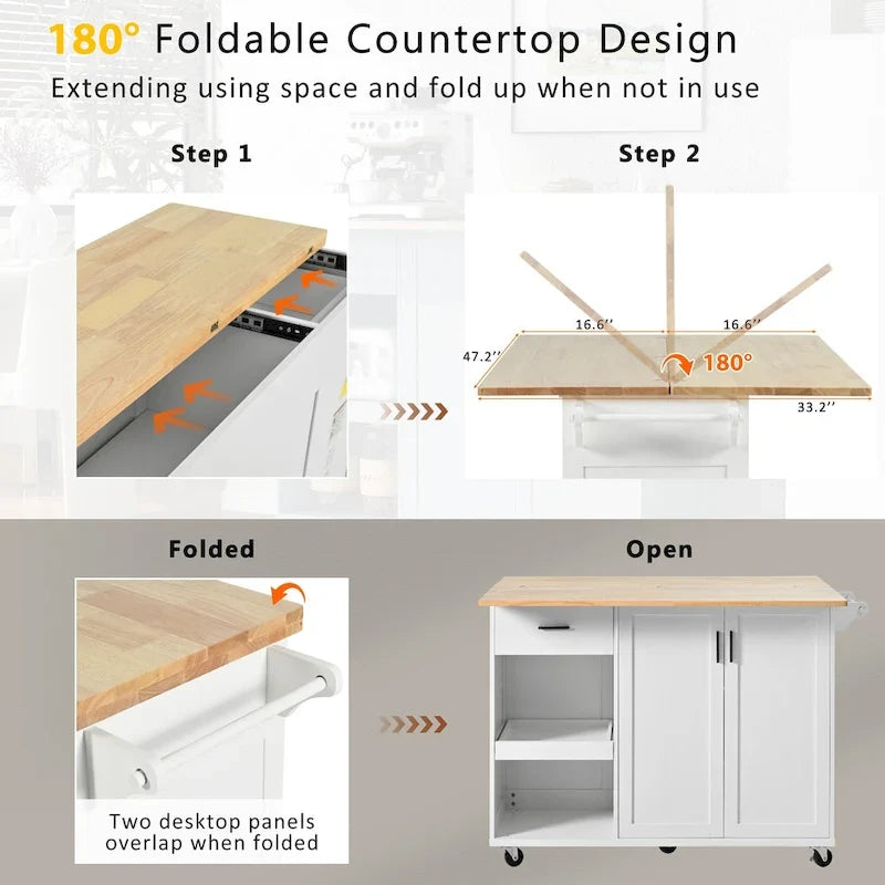 Kitchen Island with Foldable Counter Top, Kitchen Storage Cart with Slide-Out Shelf, Towel Rack and Drawer, Rolling Wheels