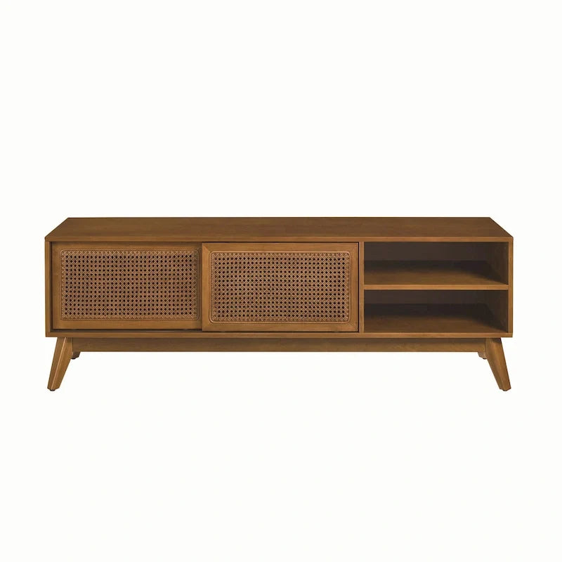 Vintage Rattan TV Cabinet with 2 Storage Cabinets and 4 Wooden Legs for Living Room Bedroom and Office