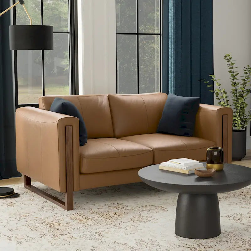 Causeuse en cuir véritable de 62 po avec coussins amovibles