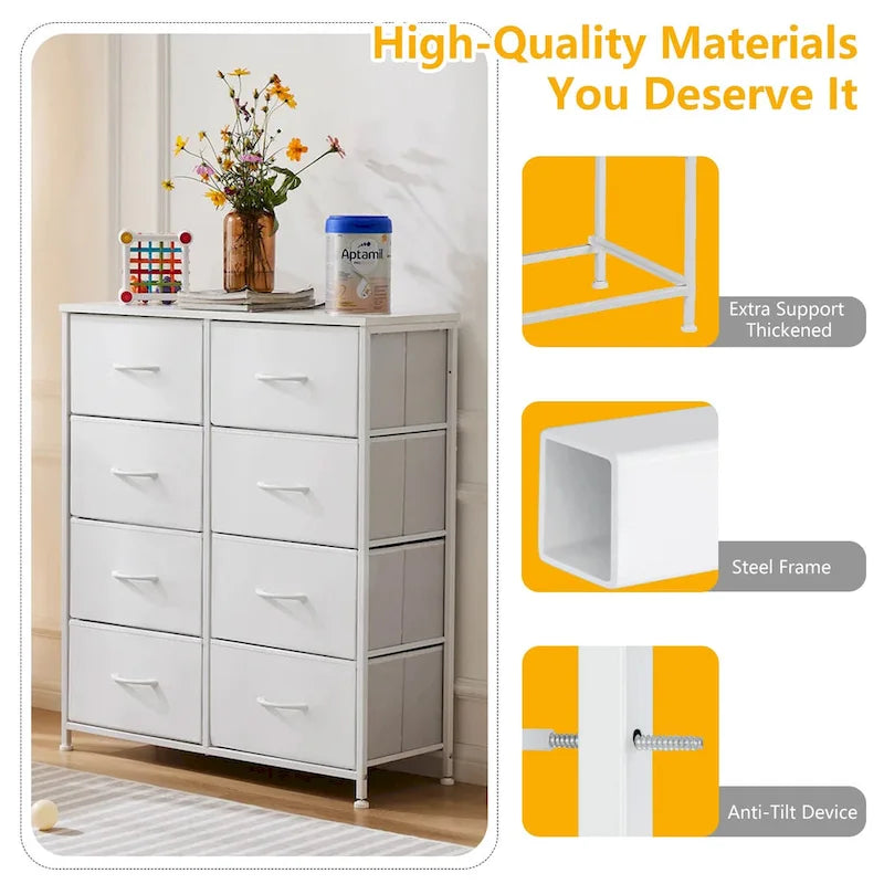 Stylish 8 Drawer Chest of Dressers for Bedroom, Tall Chest Organizer Tower with Wooden Top
