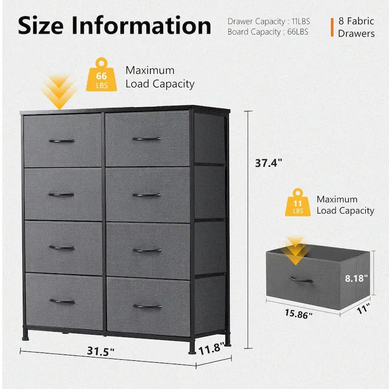 Stylish 8 Drawer Chest of Dressers for Bedroom, Tall Chest Organizer Tower with Wooden Top