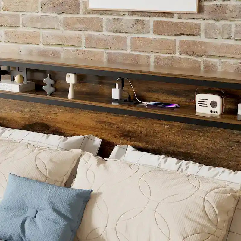Lit plateforme grand format avec tête de lit LED RVB, rangement et prises de chargement USB