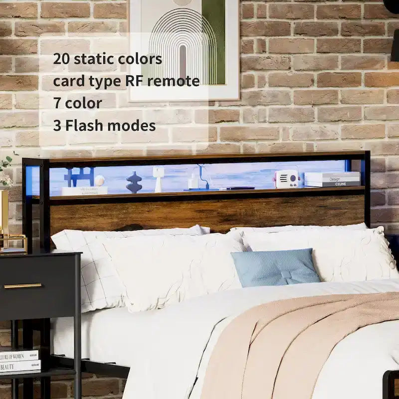 Lit plateforme grand format avec tête de lit LED RVB, rangement et prises de chargement USB