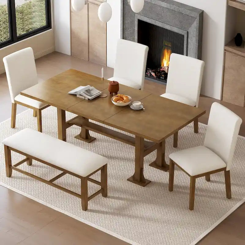Ensemble de salle à manger extensible 6 pièces style rustique avec rallonge et banc