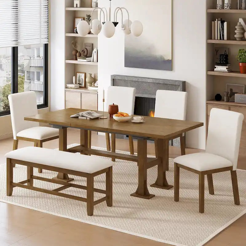 Ensemble de salle à manger extensible 6 pièces style rustique avec rallonge et banc